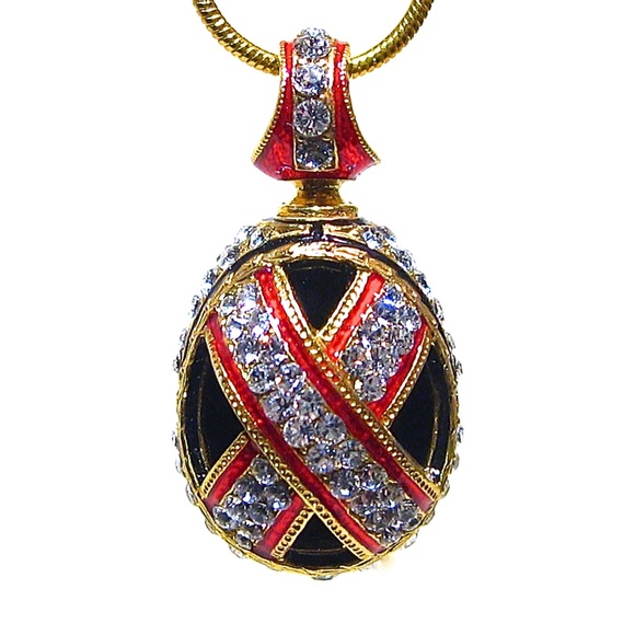 STERLING SILVER  RED Guilloché Enamel Faberge Art Deco Egg Pendant Swarovski - Picture 6 of 8